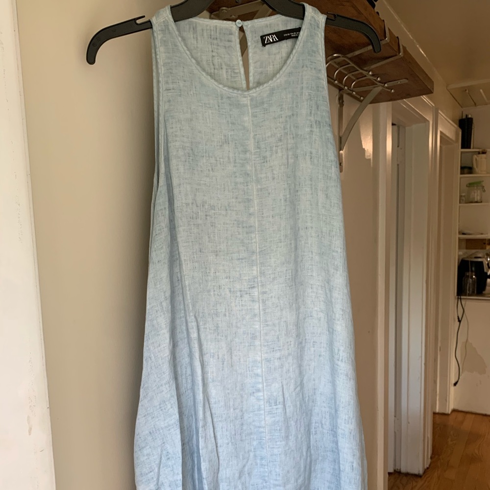 Zara blue chambray aline dress pockets! Raw hem XS